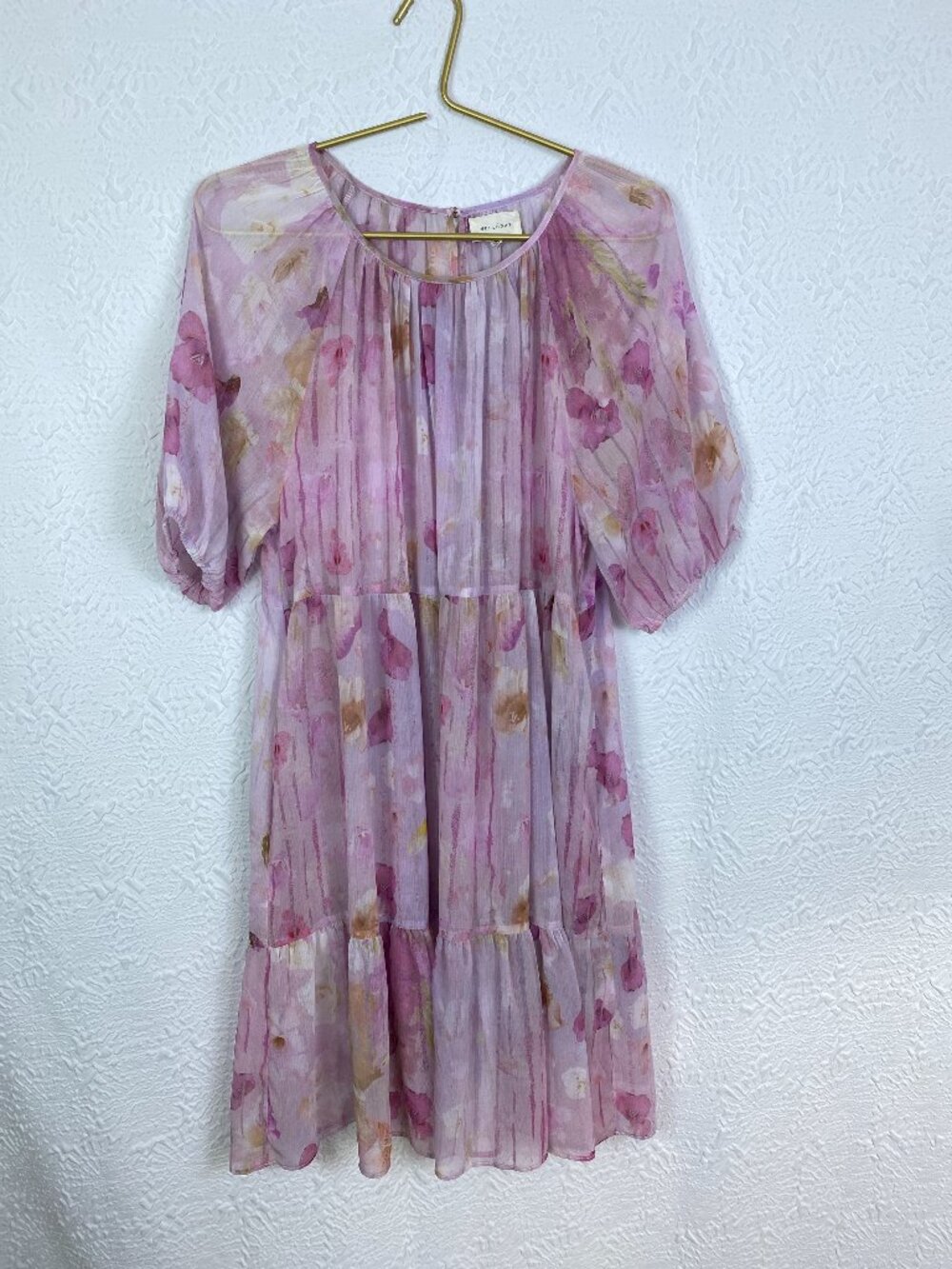 Melloday Watercolor Purple Floral Chiffon Tiered MiniDress Pockets Sz  S
